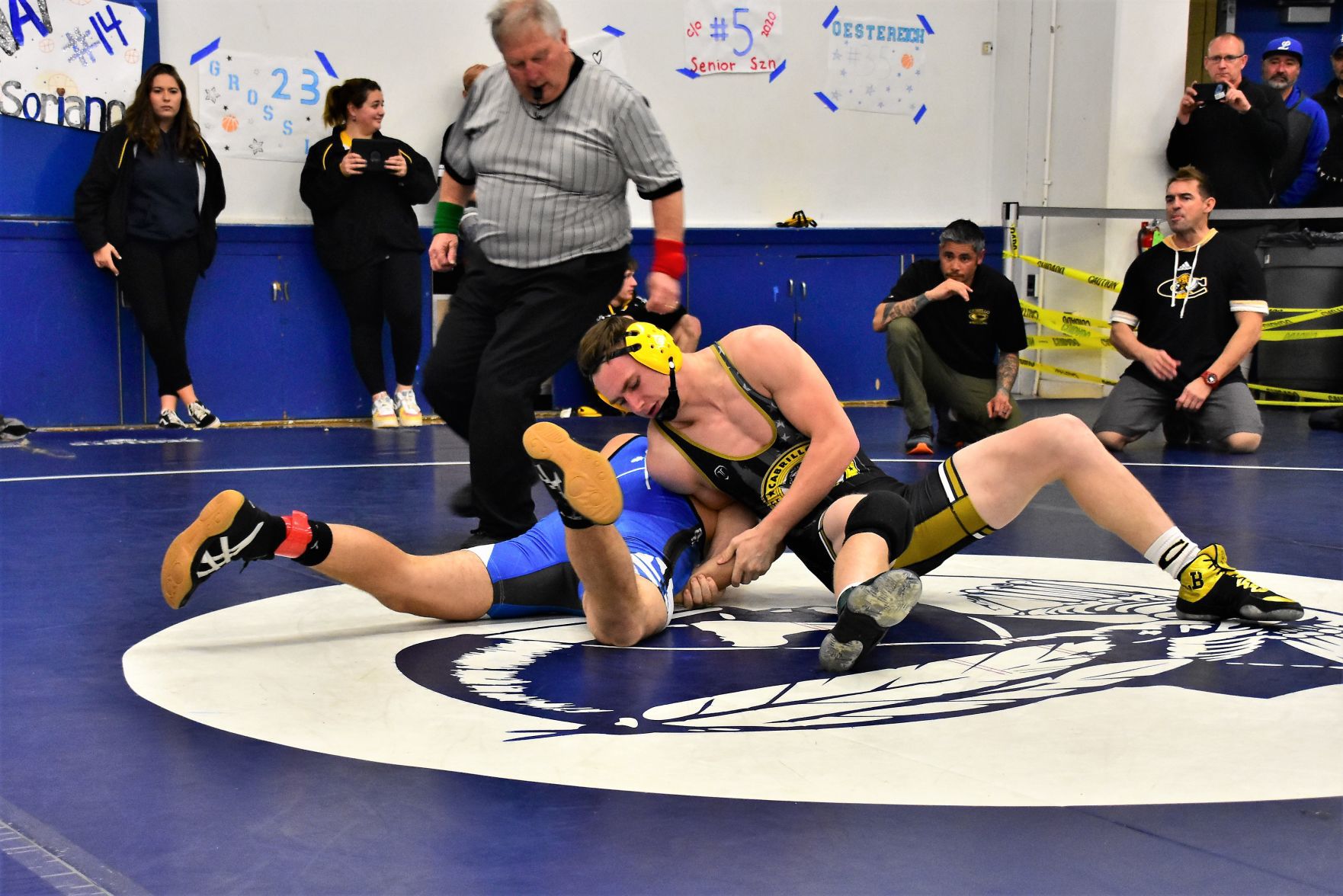 Cabrillo's Patrick Durham (Right) works to control Lompoc's Armani Vinyard
